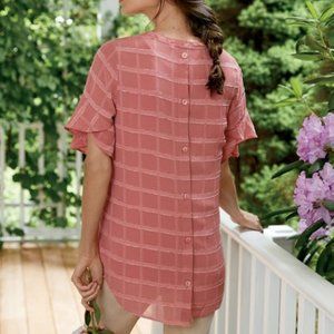 SOFT SURROUNDINGS, PM, Rose Pink Tenerife Button Back Blouse Flutter Sleeve